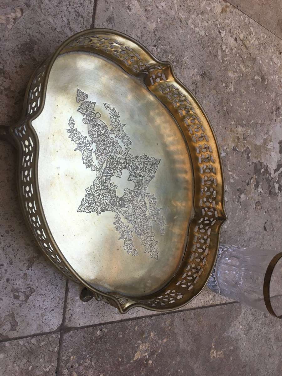 vintage drinks tray brass with ornate design footed