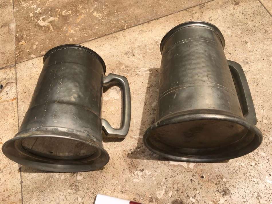 vintage tankard glass bottom with another both english pewter