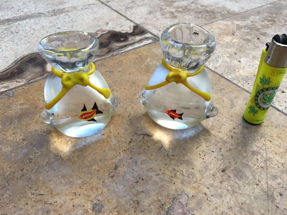 Murano fish in a bag aquarium paperweight pair with an angelfish