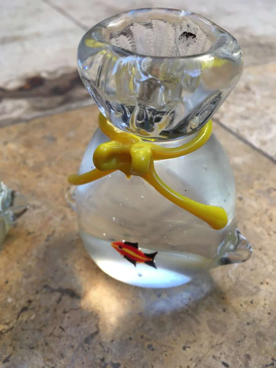 Murano fish in a bag aquarium paperweight pair with an angelfish