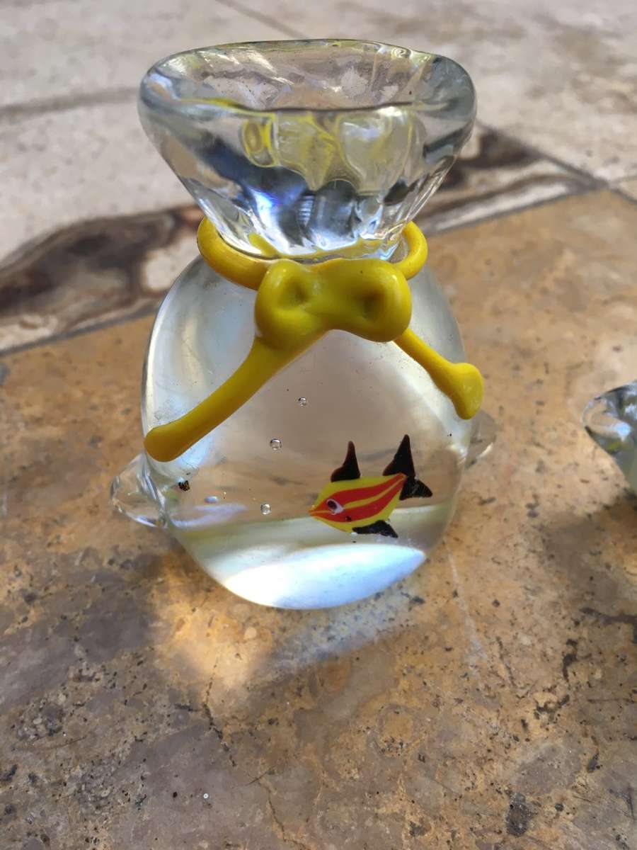 Murano fish in a bag aquarium paperweight pair with an angelfish