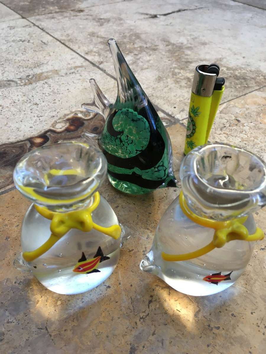 Murano fish in a bag aquarium paperweight pair with an angelfish