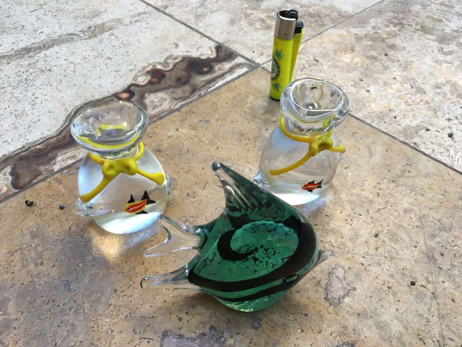 Murano fish in a bag aquarium paperweight pair with an angelfish