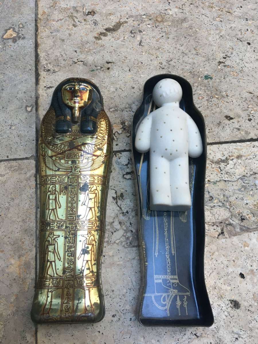 vintage Hunkydory Egyptian mummy tin with voodoo doll toothpick holder
