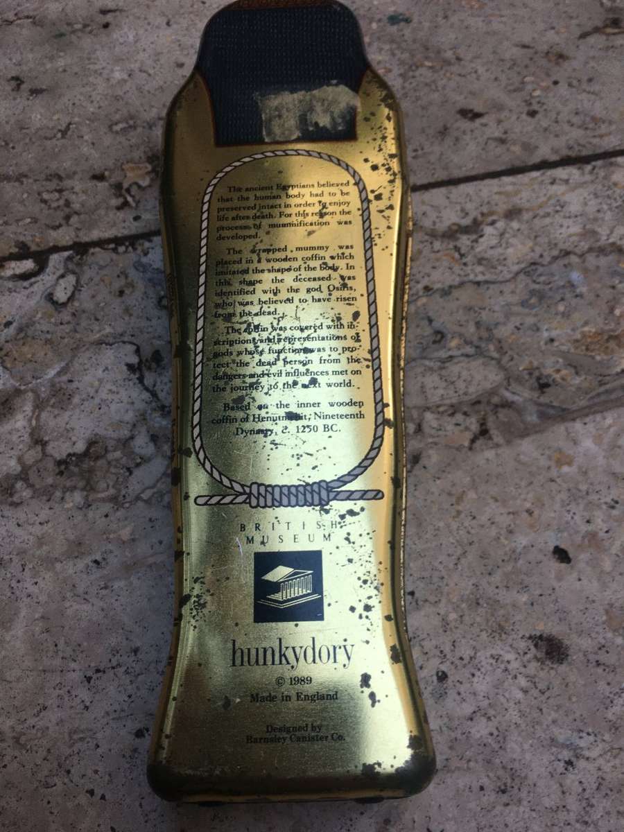 vintage Hunkydory Egyptian mummy tin with voodoo doll toothpick holder