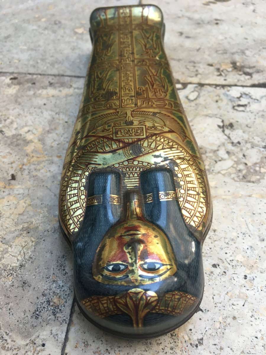 vintage Hunkydory Egyptian mummy tin with voodoo doll toothpick holder