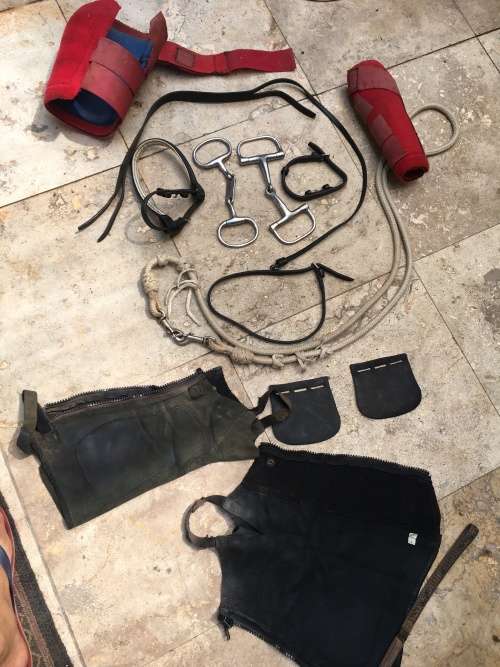 horse pelham bit straps and rope with other stuff for horse or pony