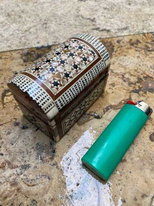 vintage mother of pearl trinket box with baby jesus