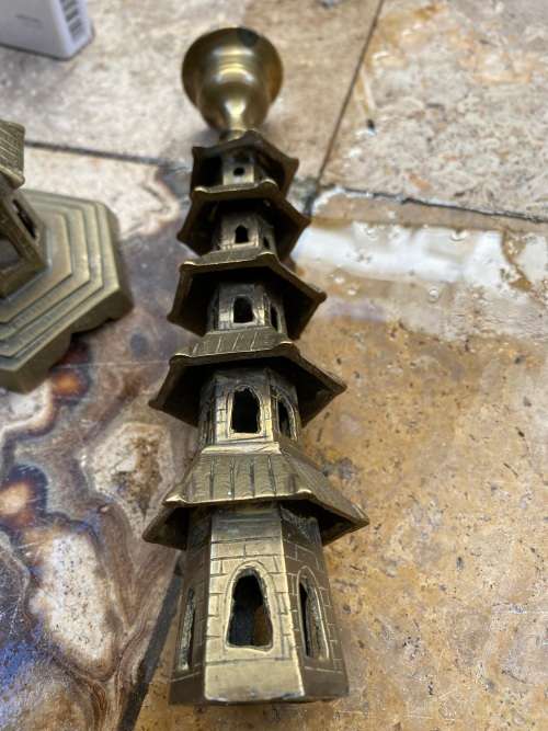 vintage brass pagoda incense holder and pagoda candle stick holder pair