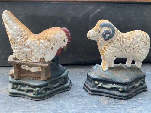 vintage cast iron door stop doorstopper pair sheep and chicken