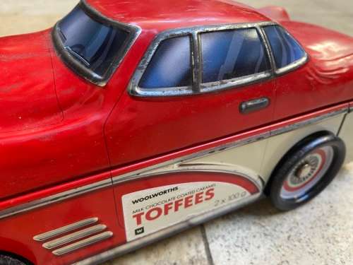 vintage red toffee tin car woolworths toffees storage tin trinket box