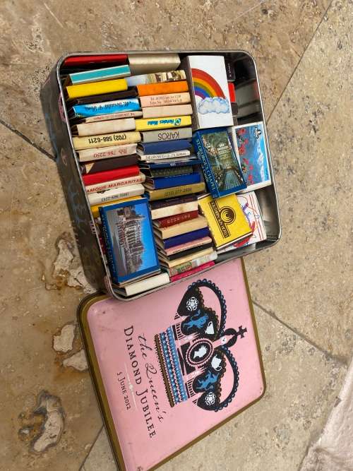 vintage lot of old matches 65 match boxes in metal tin