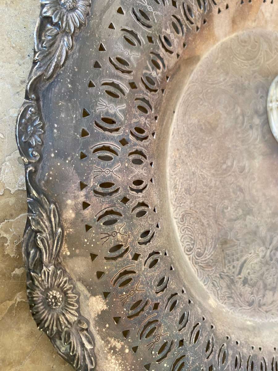 Vintage B M Mounts  small ornate drinks tray primrose plate on copper numbered