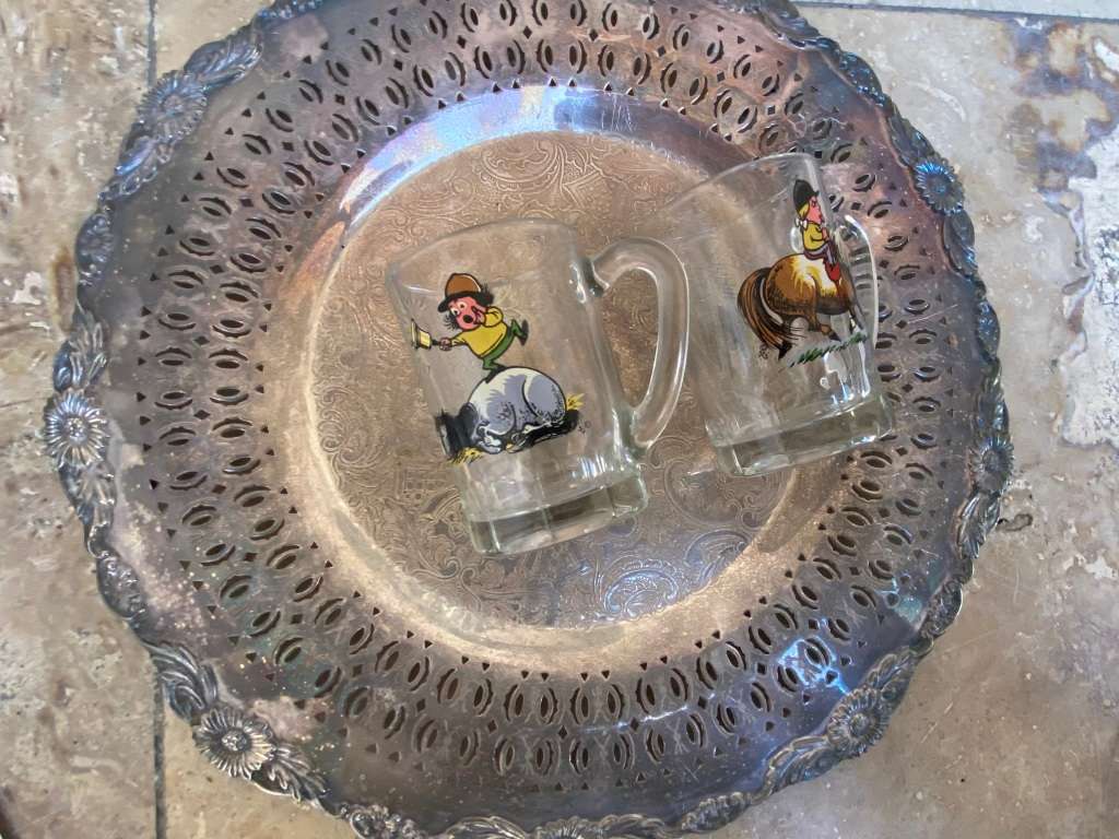 Vintage B M Mounts  small ornate drinks tray primrose plate on copper numbered