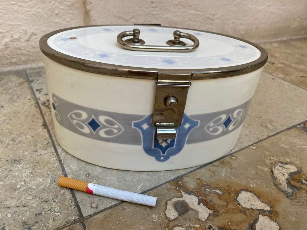 Antique art nouveau  cookie box art decor L210 ceramic blue lidded biscuit box WMF