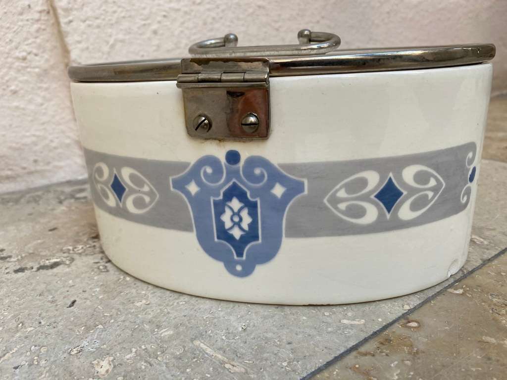 Antique art nouveau  cookie box art decor L210 ceramic blue lidded biscuit box WMF
