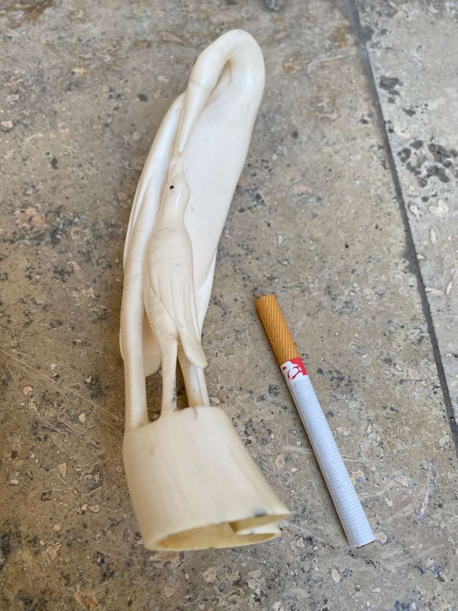 Vintage hand carved bone heron crane bird mother and baby bird feeding figurine