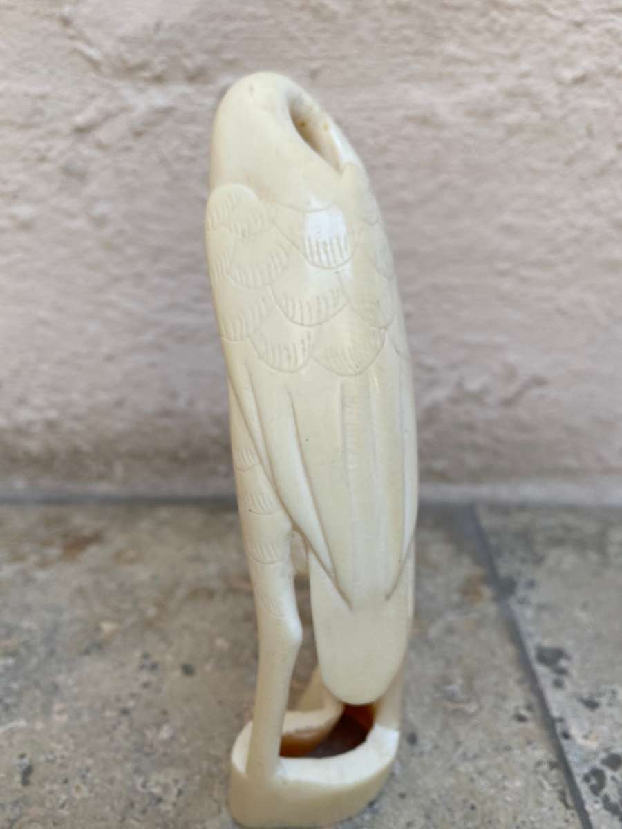 Vintage hand carved bone heron crane bird mother and baby bird feeding figurine
