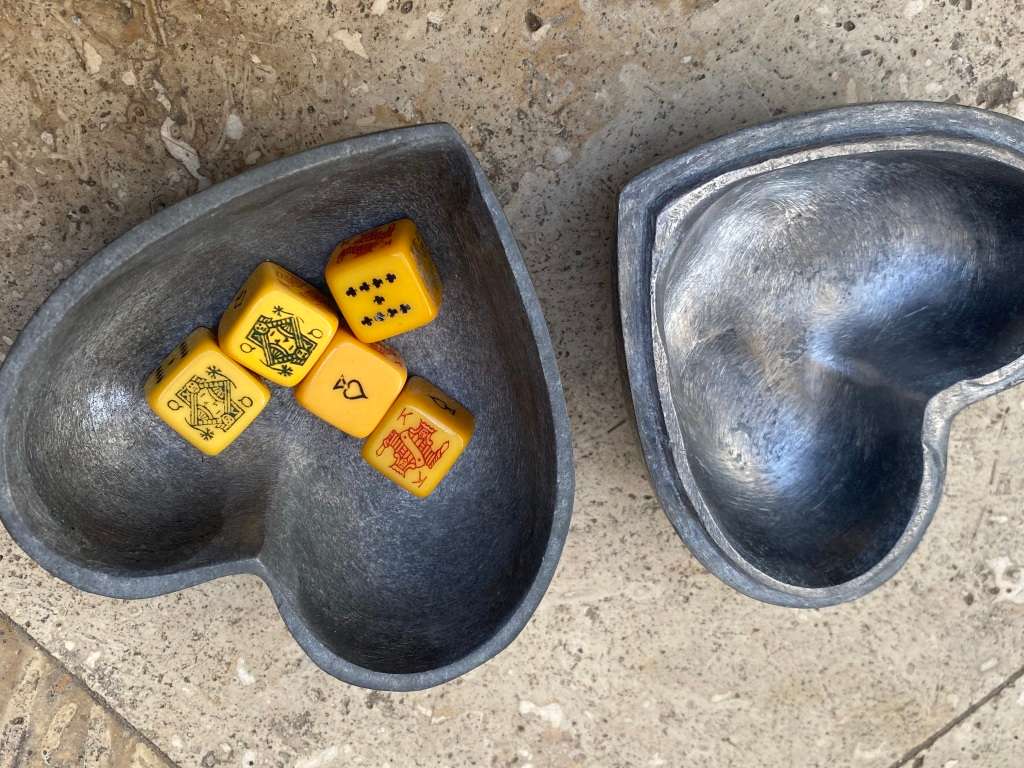 Vintage heart shaped trinket box India with old Bakelite poker dice