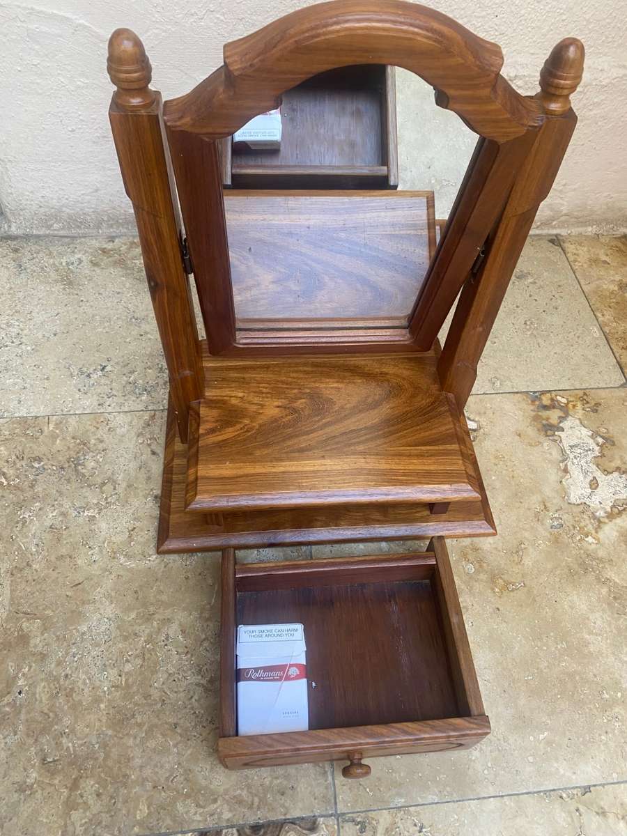Fine wood table top vanity dresser with flip mirror and drawer