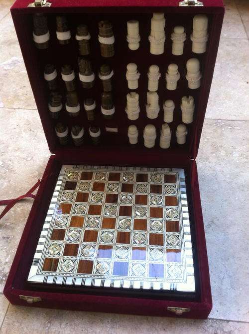 Egyptian Mother of Pearl Inlaid Mosaic Wood Chess Board and Pieces
