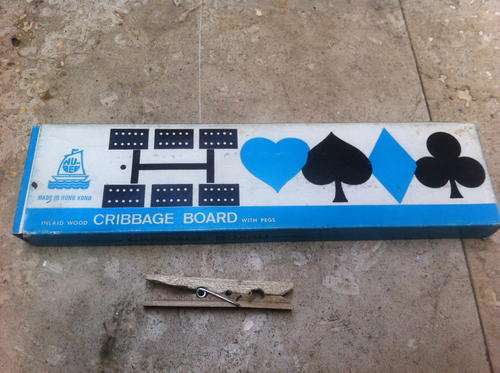 Vintage 1960s Inlaid Wood Cribbage Board 2 Track w pegs & box