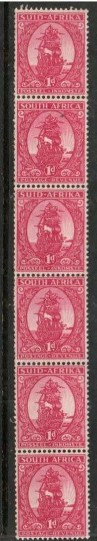South Africa, 1943, 1d coil, strip of 6 MNH **