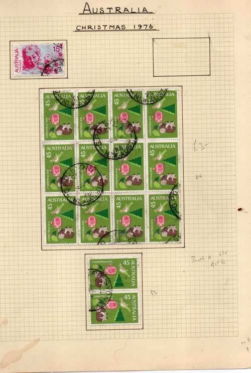 Australia, Christmas 1976, 45c, pair & block of 12, c.d.s. used, on album page