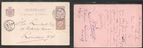 Netherlands, 2 1/2c postal card, uprated + 2 1/2c used sGRAVENHAGE ??5 FEB 99 c.d.s. > LONDON FE 22