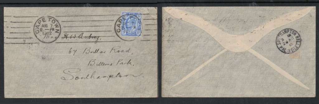 S.Africa, cover, interprovincial use, Transvaal 2 1/2d used CAPETOWN AUG 7 1912 > SOUTHAMPTON PACKE