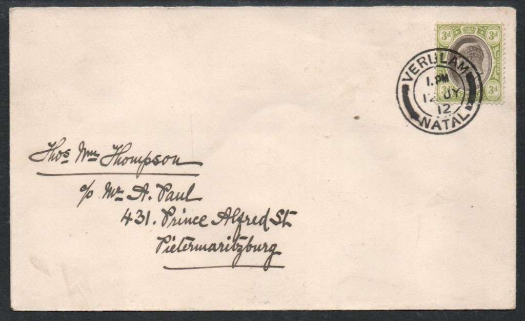 S.Africa, cover, interprovincial use, Transvaal 3d usedVERULAM NATAL 12 JY 12 > Pietermaritzburg