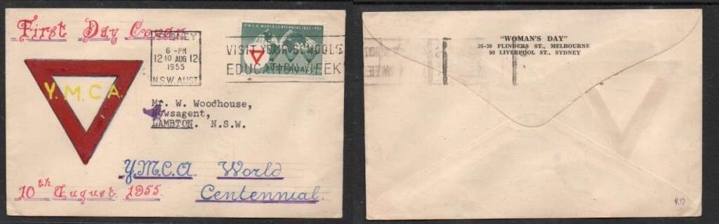 Australia, YMCA 3 1/2d, SYDNEY 10 AU 1955 + VISIT YOUR SCHOOLS EDUCATION WEEK , hand drawn FDC