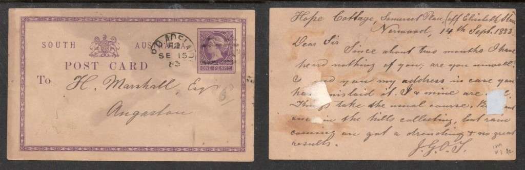 South Australia,VRI, One Penny postcard ADELAIDE used P.O. ADELAIDE SP 15 83 c.d.s.
