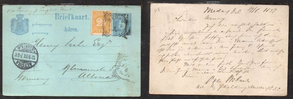 Netherlands 5c postcard, uprated + 2 1/2c, MEDAY 17.8 1897 sq.c.d.s.> ALTONA (Germany)