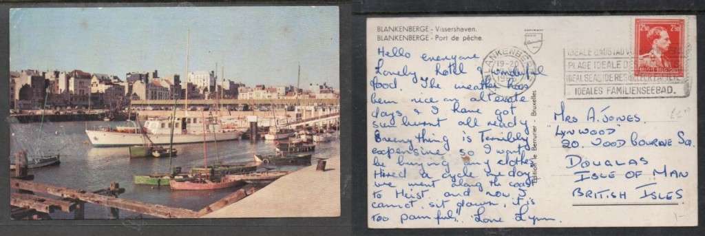 Belgium, Blankenberge Visserhaven used, 2F50, BLANKENBERGE 19 VIII 1956 > Isle of man,