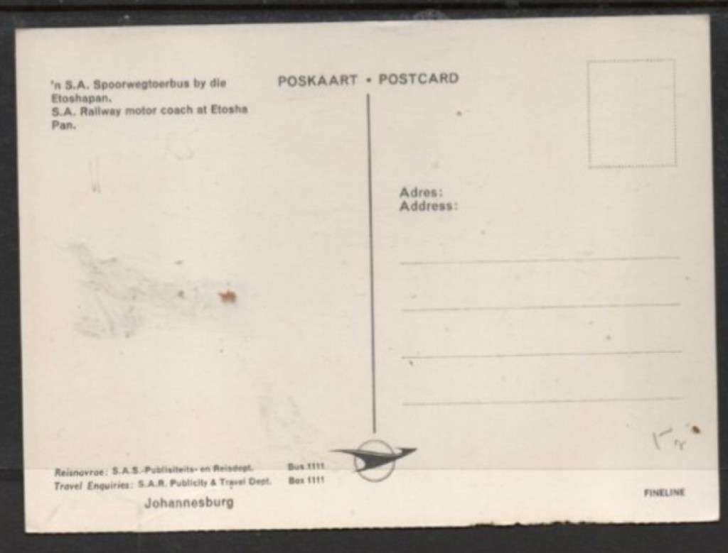 South West Africa, Railway Motor Coach at Etosha Pan, South Africa Railways Publicity & Travel