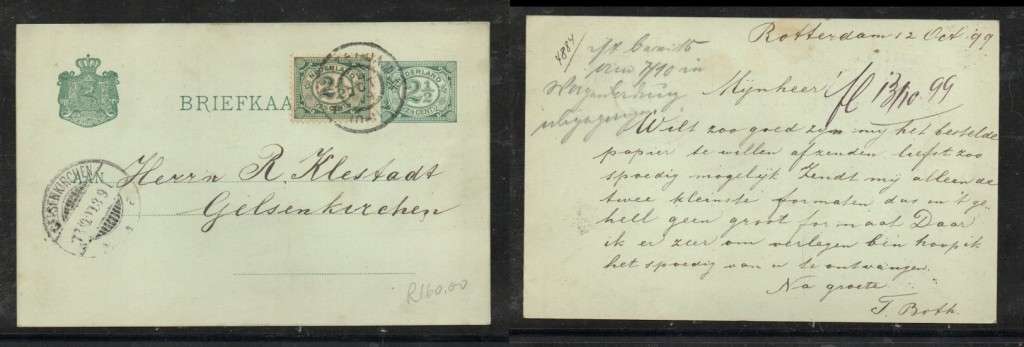 Netherlands, domestic 2 1/2c post card, uprated with 2 1/2c stamp, ROTTERDAM 12 OCT 99 c.d.s. > GEL