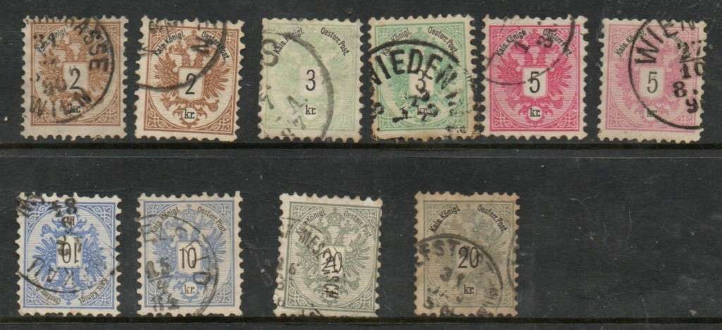 Austria, 1883 -1890, 2kr, 3kr, 5kr10kr, 20 kr, 2 of each used
