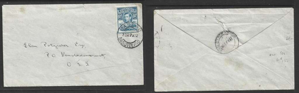 Basutoland, GVIR, cover, 1 1/2d , MASERU BASUTOLAND 23 SEP 47 c.d.s. > VAN STANDENSRUS25 IX 47 c.d.
