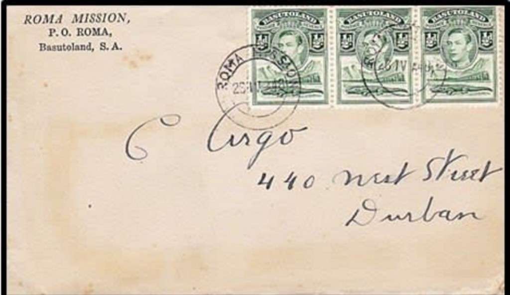 Basutoland, GVIR, cover, 1 1/2d, ROMA MISSION 26 IV 48 c.d.s. > Durban,