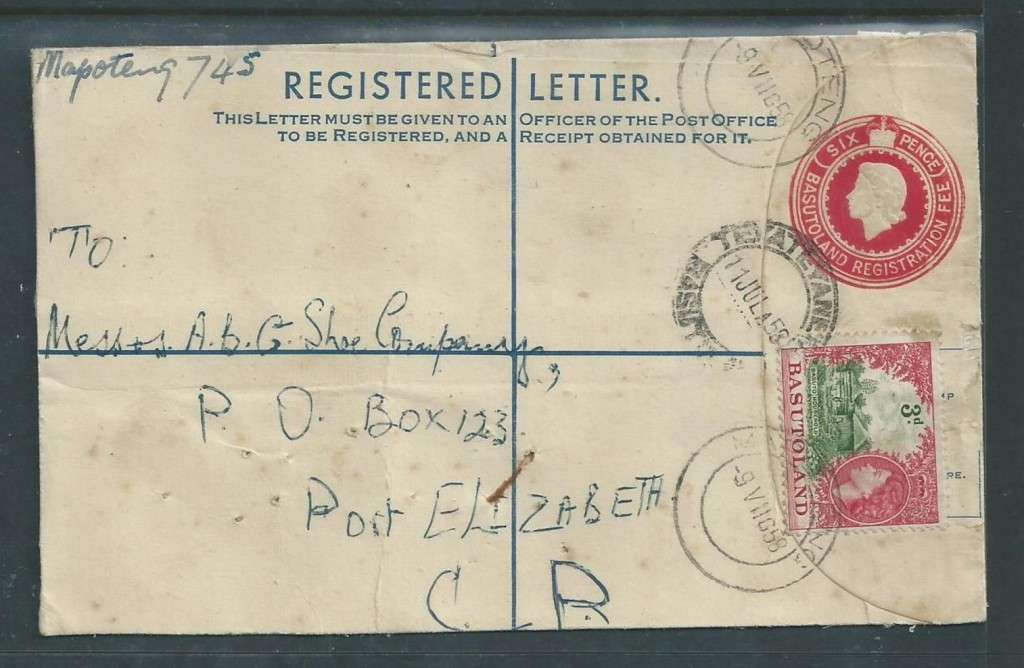 Basutoland, EIIR,6d, registration envelope + 3d adhesive MAPOTENG 9 VII 58 > S.Africa, TEYATEYANENG