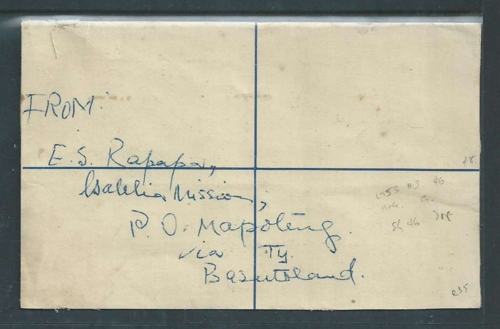 Basutoland, EIIR,6d, registration envelope + 3d adhesive MAPOTENG 9 VII 58 > S.Africa, TEYATEYANENG