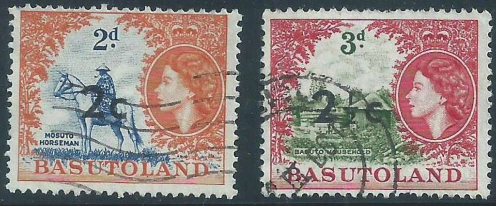 Basutoland EIIR, 1961, currency changes, 2c on 2d, 2 1/2c on 3d, used