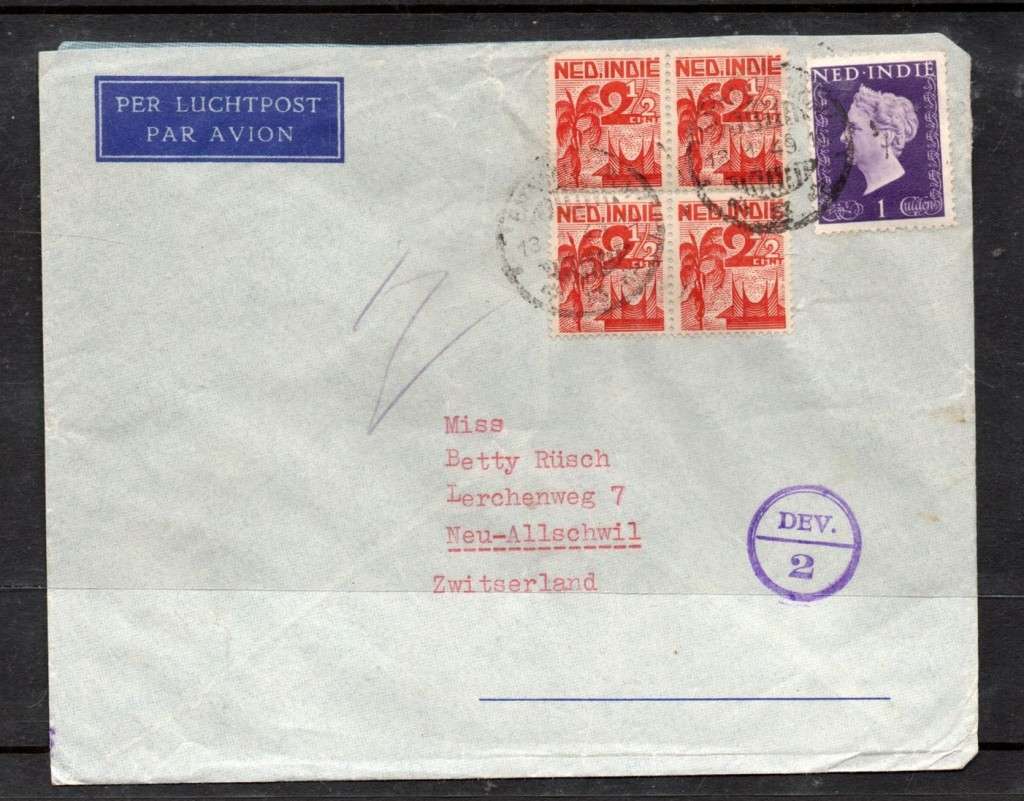 Netherlands Indies, air mail envelope,2 colour franking, 11c, BATAVIA 13. 1. 49, cds > Switzerland