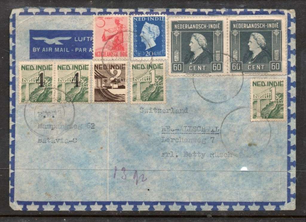 Netherlands Indies, air mail, multi colour franking, 155c, BATAVIA ..... 1948, cds > Switzerland