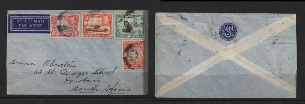 Kenya Uganda Tanganyika, GVIR, air mail 50 cents ????28 JA 1939 c.d.s. to S.Africa