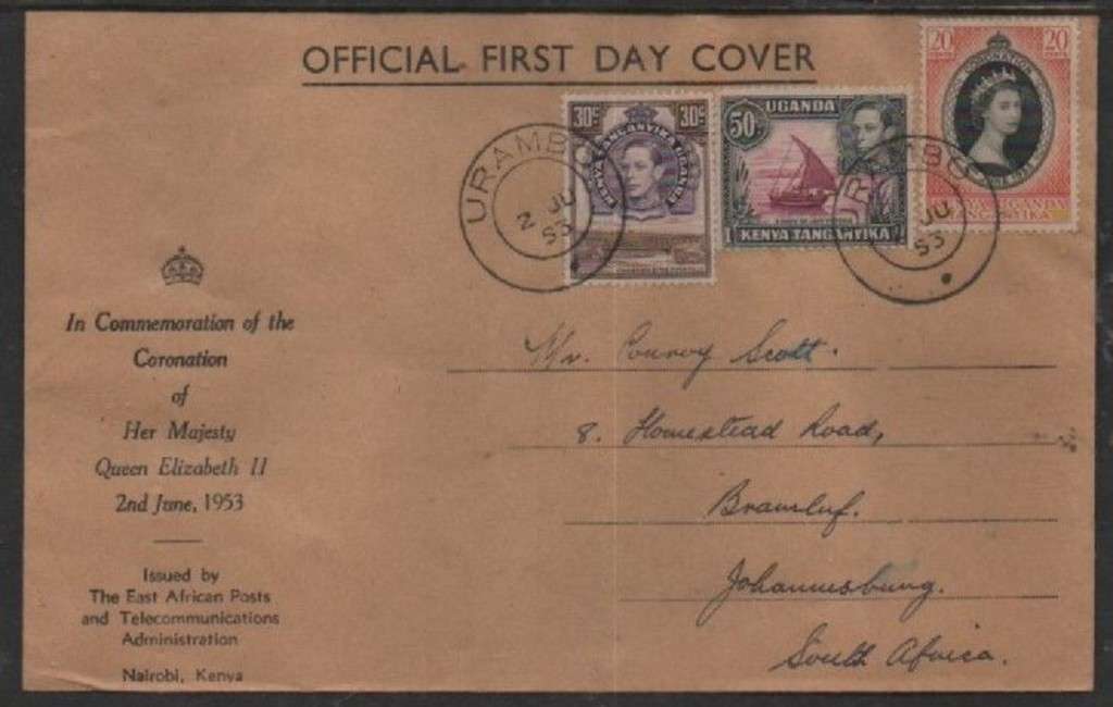 Kenya Uganda Tanganyika, EIIR Coronation FDC, URAMBO 2 JU 53 c.d.s.+ GVIR 80c, (1/ > S.Africa)