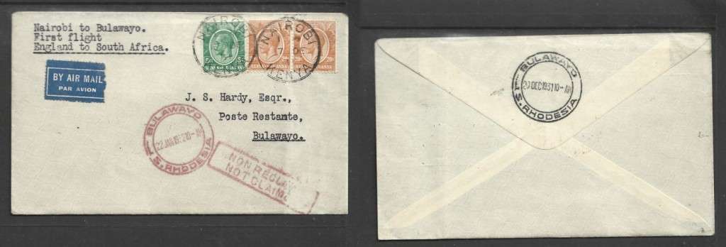 Kenya Uganda Tanganyika, 1st Flight UK > SA, NAIROBI 17 DE 31 > BULAWAYO 20 DEC 31, NOT CLAIMED BULA