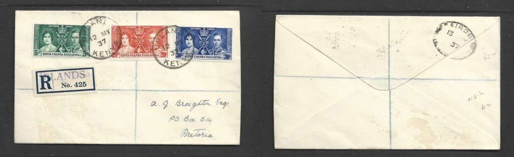 Kenya Uganda Tanganyika , GVIR, Coronation plain FDC, registered, UPLANDS 12 MY 37 c.d.s.> Pretoria