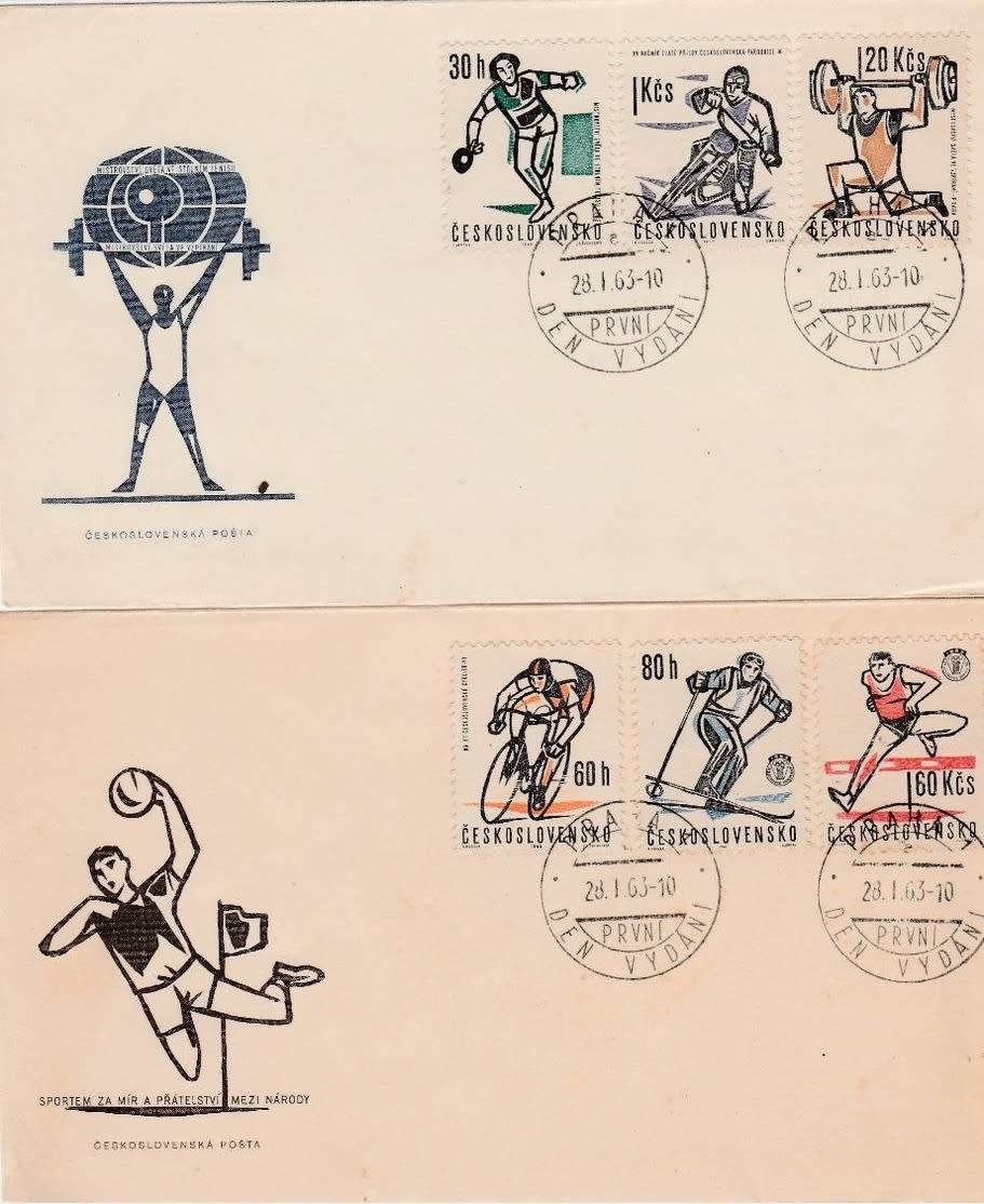 Czechoslovakia, Sport for International Friendship, 6 values on 2 FDCs PRAHA DEN VYDANI 28.1.63, c.